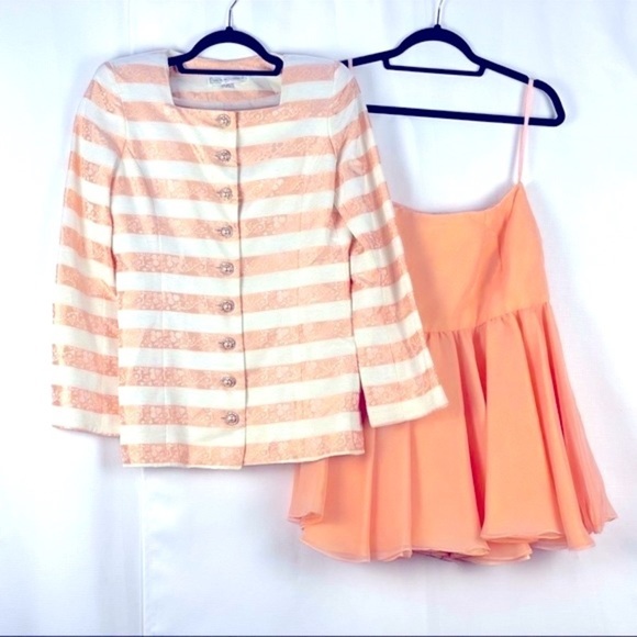 Vintage Peach 2-Piece SET sz XS/S Formal prom wedding VictorCosta VTG rhinestone - Picture 9 of 12